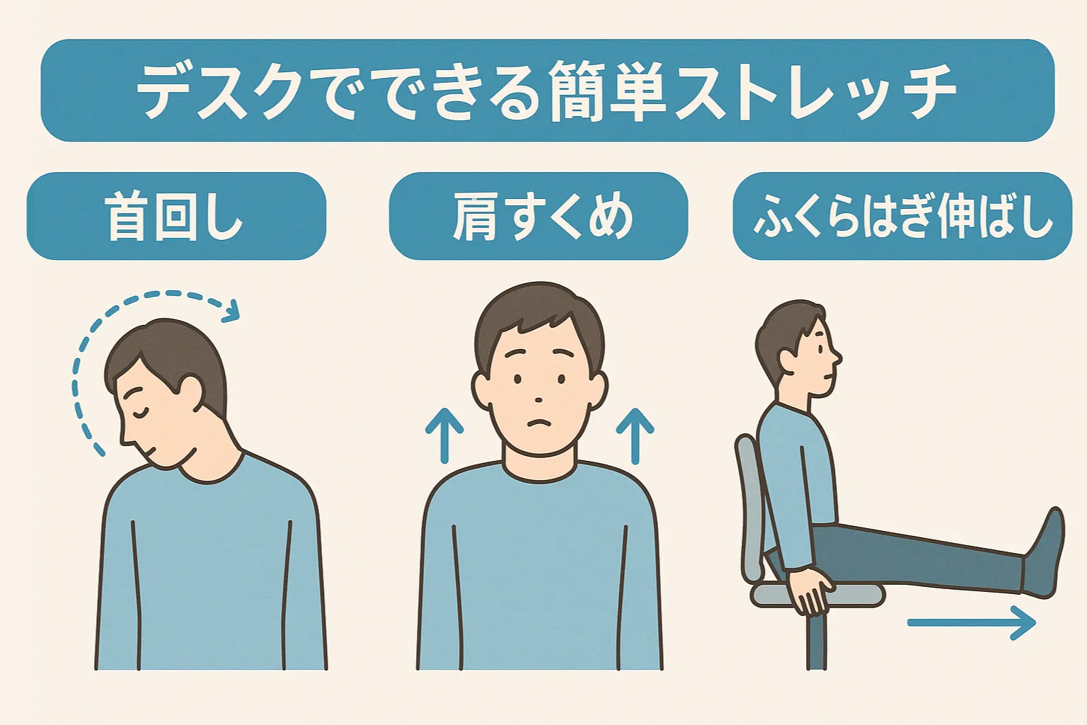オフィスでできる簡単なストレッチを描いた横長イラスト。男性が首回し・肩すくめ・ふくらはぎ伸ばしをしている3つの動作をシンプルに表現