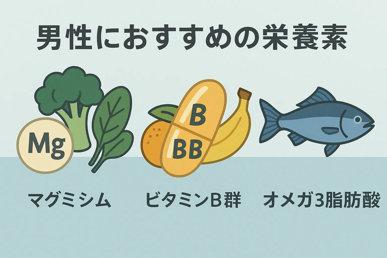 男性におすすめの栄養素を描いた横長イラスト。マグネシウムを象徴するブロッコリーとほうれん草、ビタミンB群を示すバナナとサプリメント、オメガ3脂肪酸を象徴する青魚を並べたデザイン