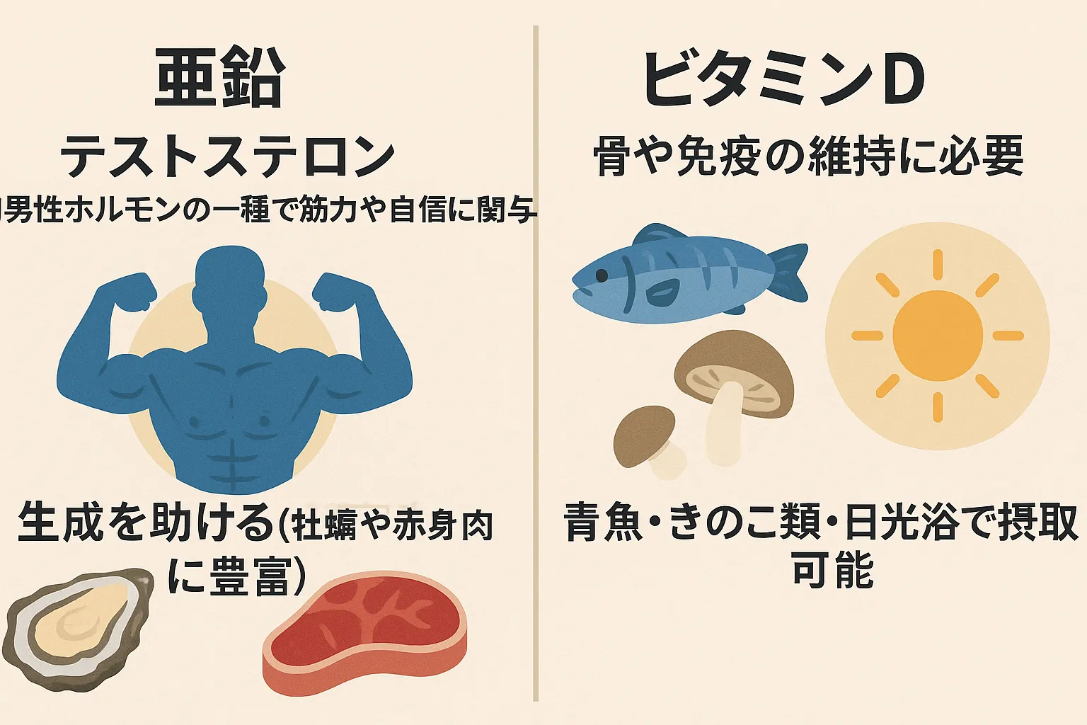 亜鉛とビタミンDの役割を解説する横長イラスト|牡蠣・赤身肉・青魚・きのこ・太陽光を描いた健康栄養解説図