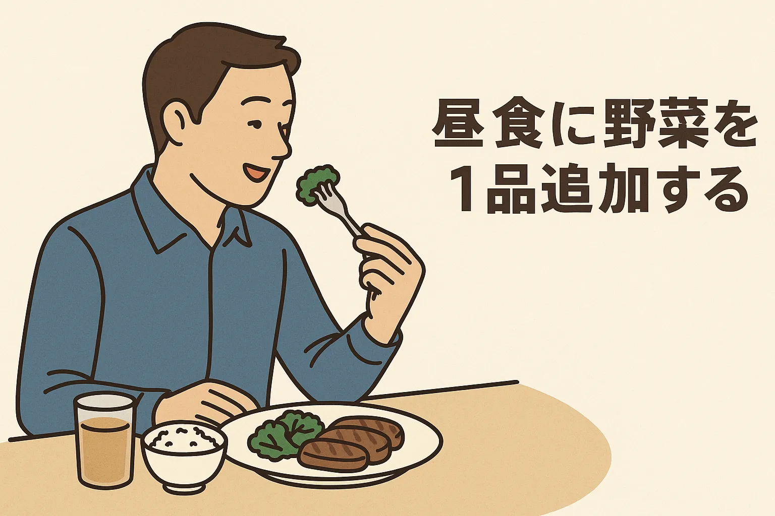 昼食に野菜を1品追加する男性の横長イラスト|ブロッコリーを取り入れた健康的な食事シーン