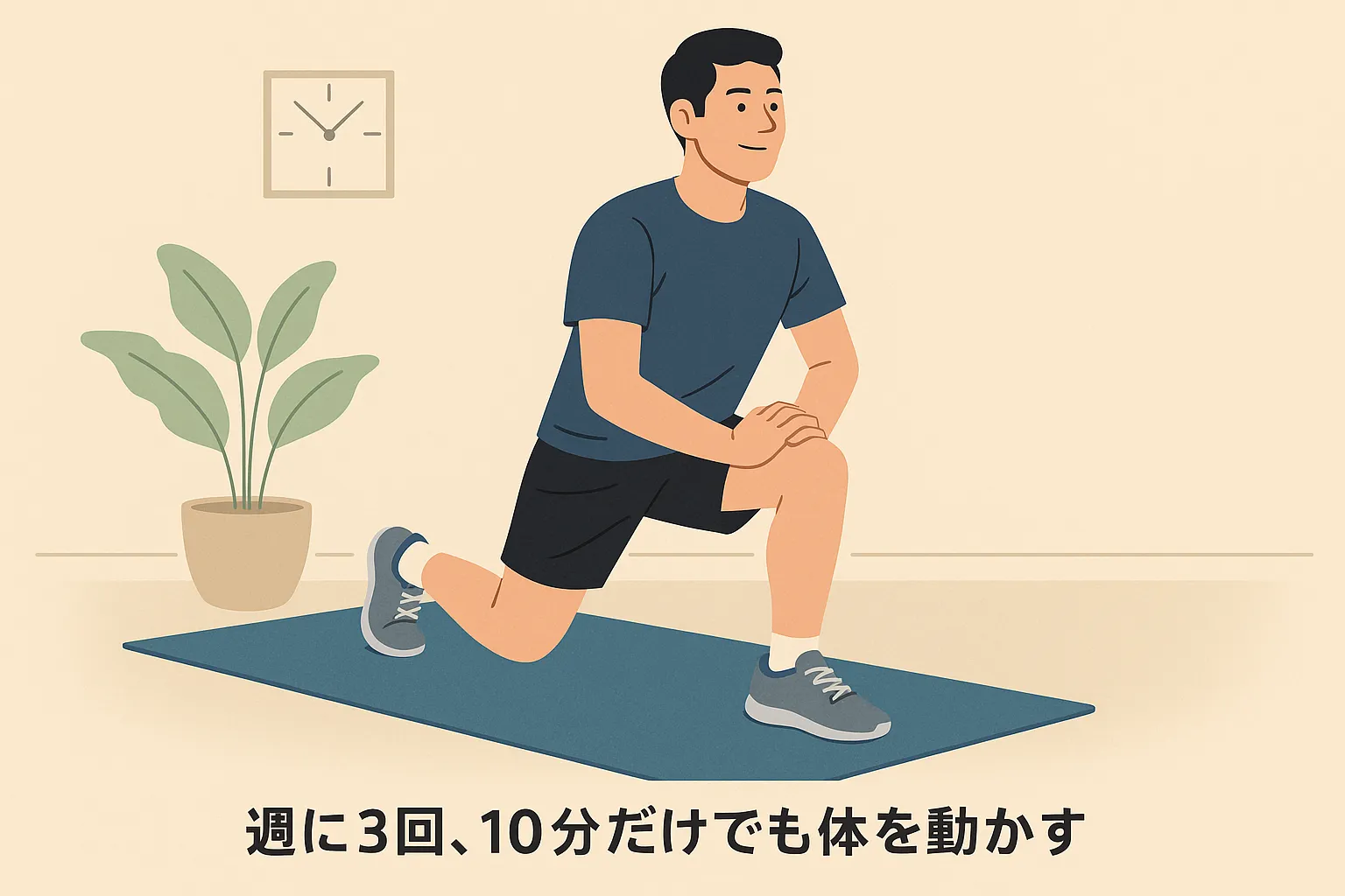 週に3回10分だけ体を動かす男性の横長イラスト|室内でランジ運動をする姿と健康習慣を示すシーン