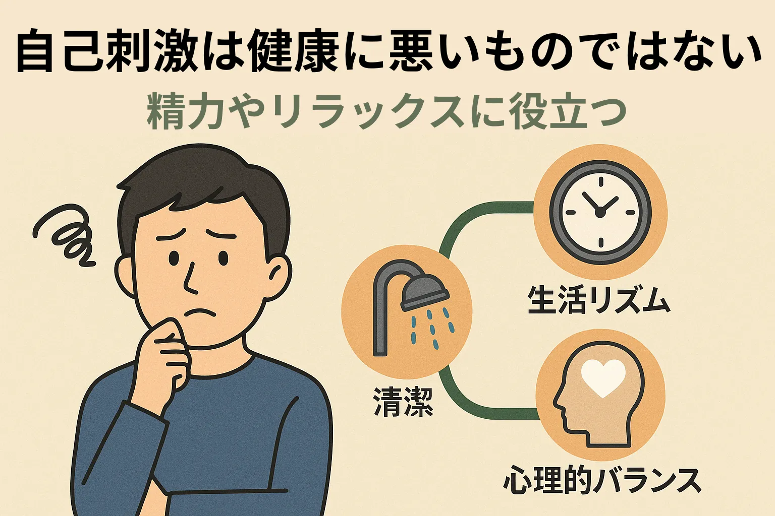 自己刺激を健康的に取り入れるための要素を示す横長イラスト。生活リズム・清潔・心理的バランスをアイコンで表現し、男性が考える姿を配置