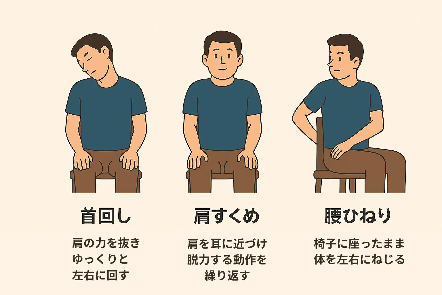男性が椅子に座って行うセルフケアストレッチを示す横長イラスト。「首回し」「肩すくめ」「腰ひねり」の3つの動きを解説付きで紹介