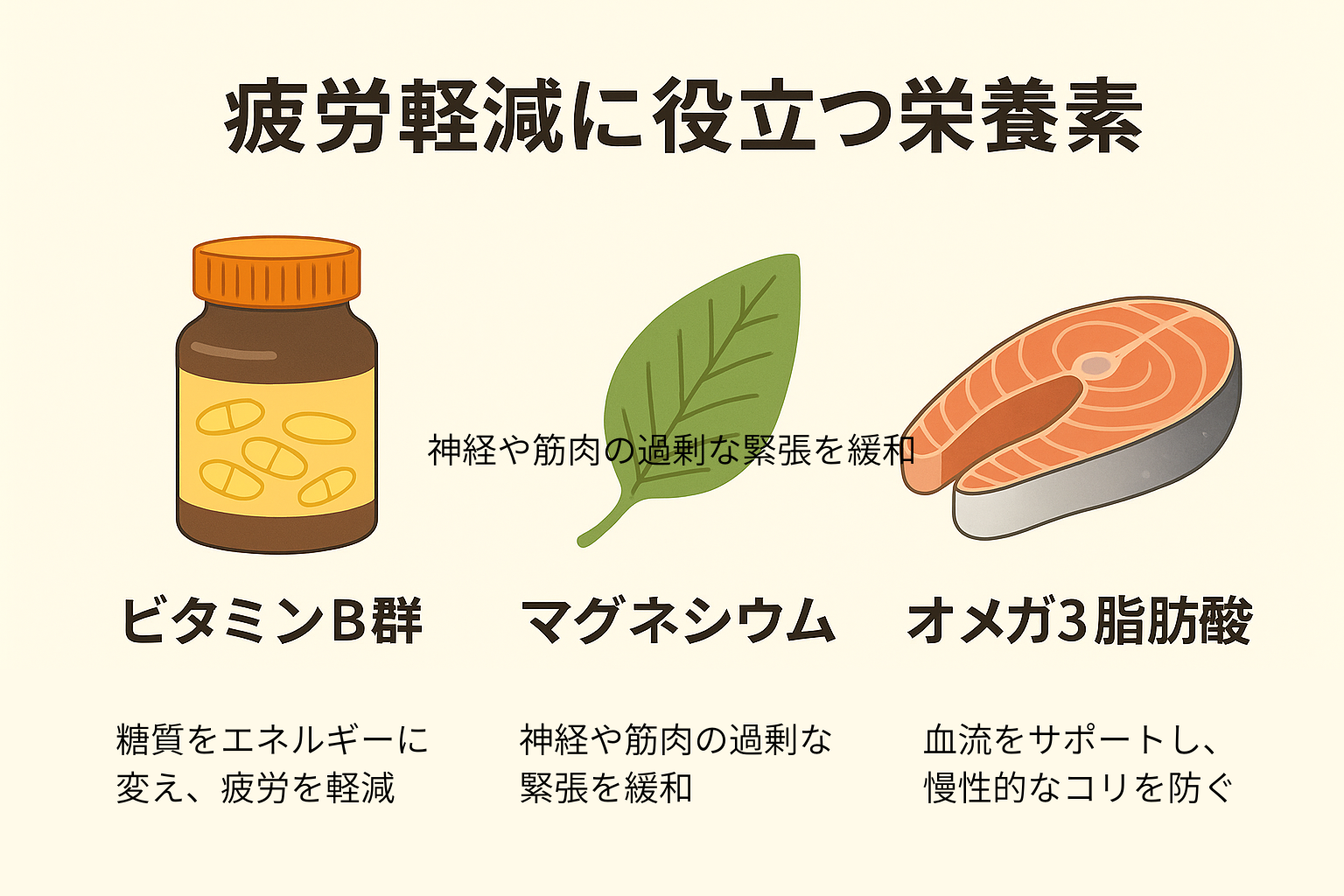 疲労軽減に役立つ栄養素を紹介する横長イラスト。「ビタミンB群」「マグネシウム」「オメガ3脂肪酸」の効果をわかりやすく図解