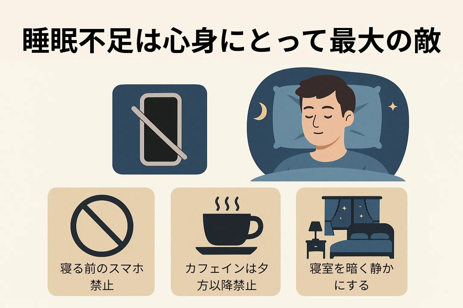 睡眠不足対策を示す横長イラスト。寝る前のスマホ禁止、カフェインは夕方以降禁止、寝室を暗く静かにすることを簡潔に表現