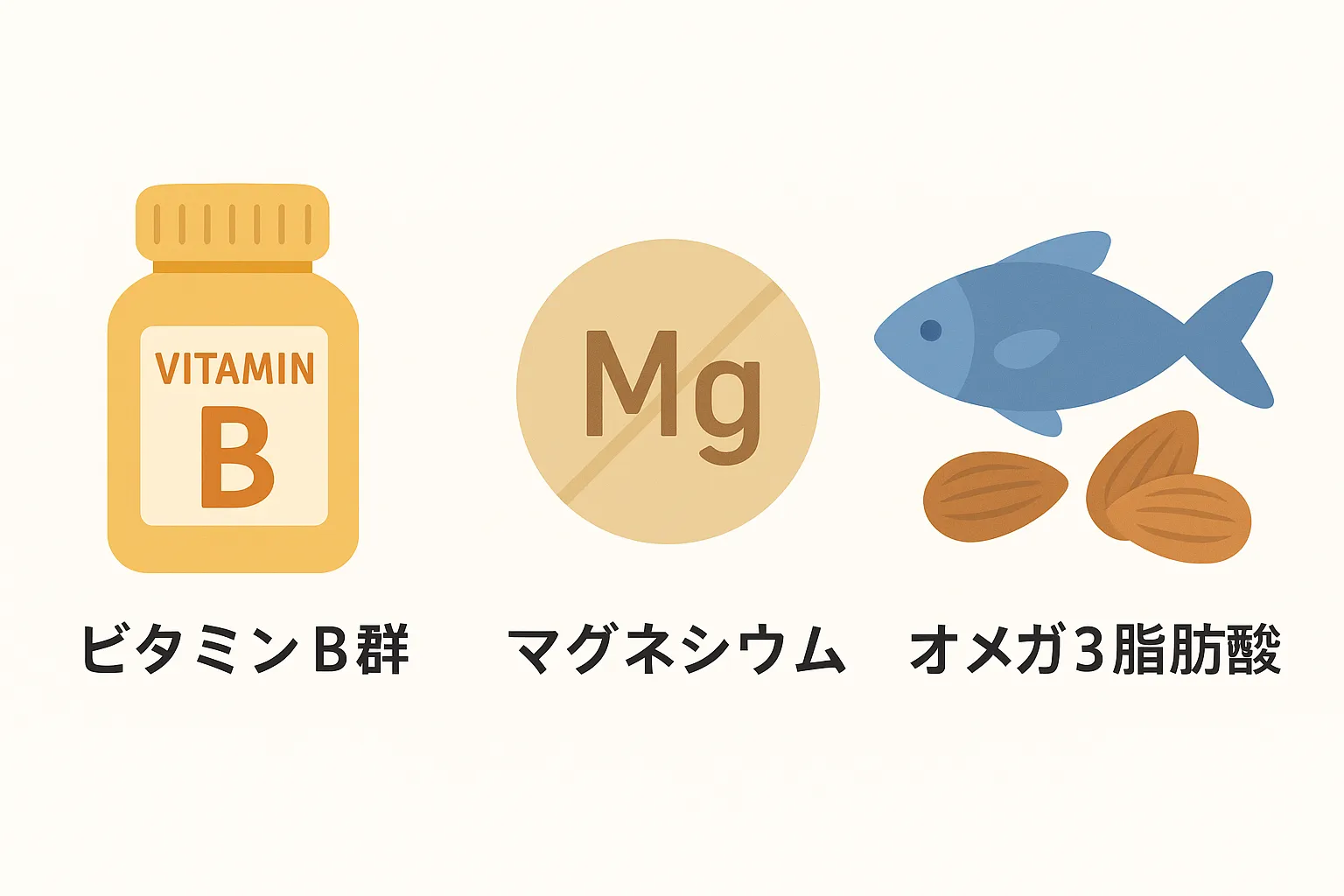 ビタミンB群、マグネシウム、オメガ3脂肪酸をシンプルに示した横長イラスト。ボトル・サプリ・魚とナッツのアイコンで栄養素を表現