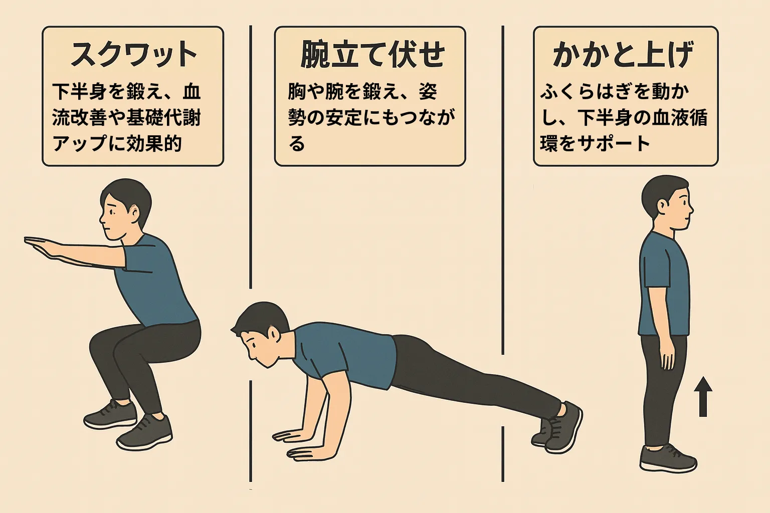スクワット・腕立て伏せ・かかと上げを小さく整理した横長イラスト。縦線で区切り、テキストを上、動作を下に配置し、下半身強化・姿勢安定・血流サポートの効果を示すセルフケア図解。